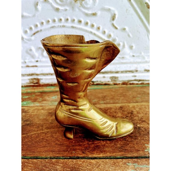 Vintage Brass Victorian Boot Vase Planter - Picture 6 of 13